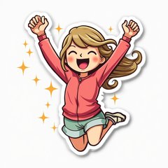 Cartoon Taylor Swift jumping in joy surrounded by sparkles and stars