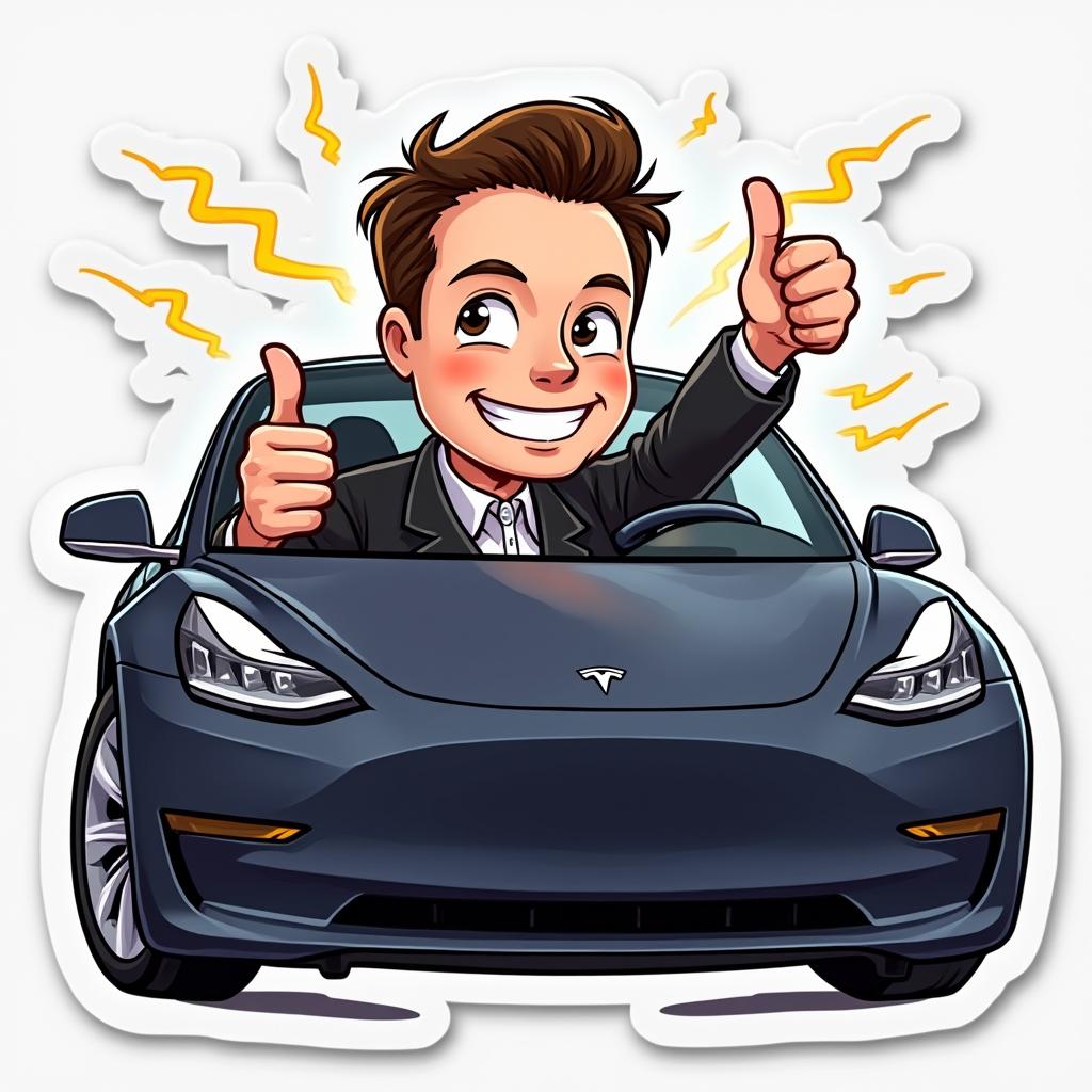 Cartoon Elon Musk giving thumbs up in a Tesla with electric sparks