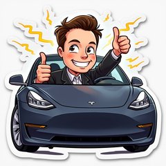 Cartoon Elon Musk giving thumbs up in a Tesla with electric sparks