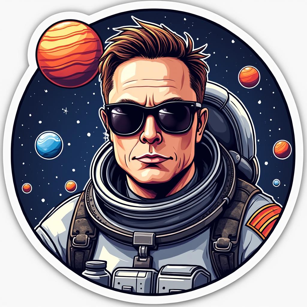 Pop culture sticker of Elon Musk in space suit with sunglasses and cosmic background