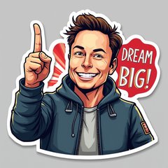 Cartoon sticker of Elon Musk pointing up with motivational quote