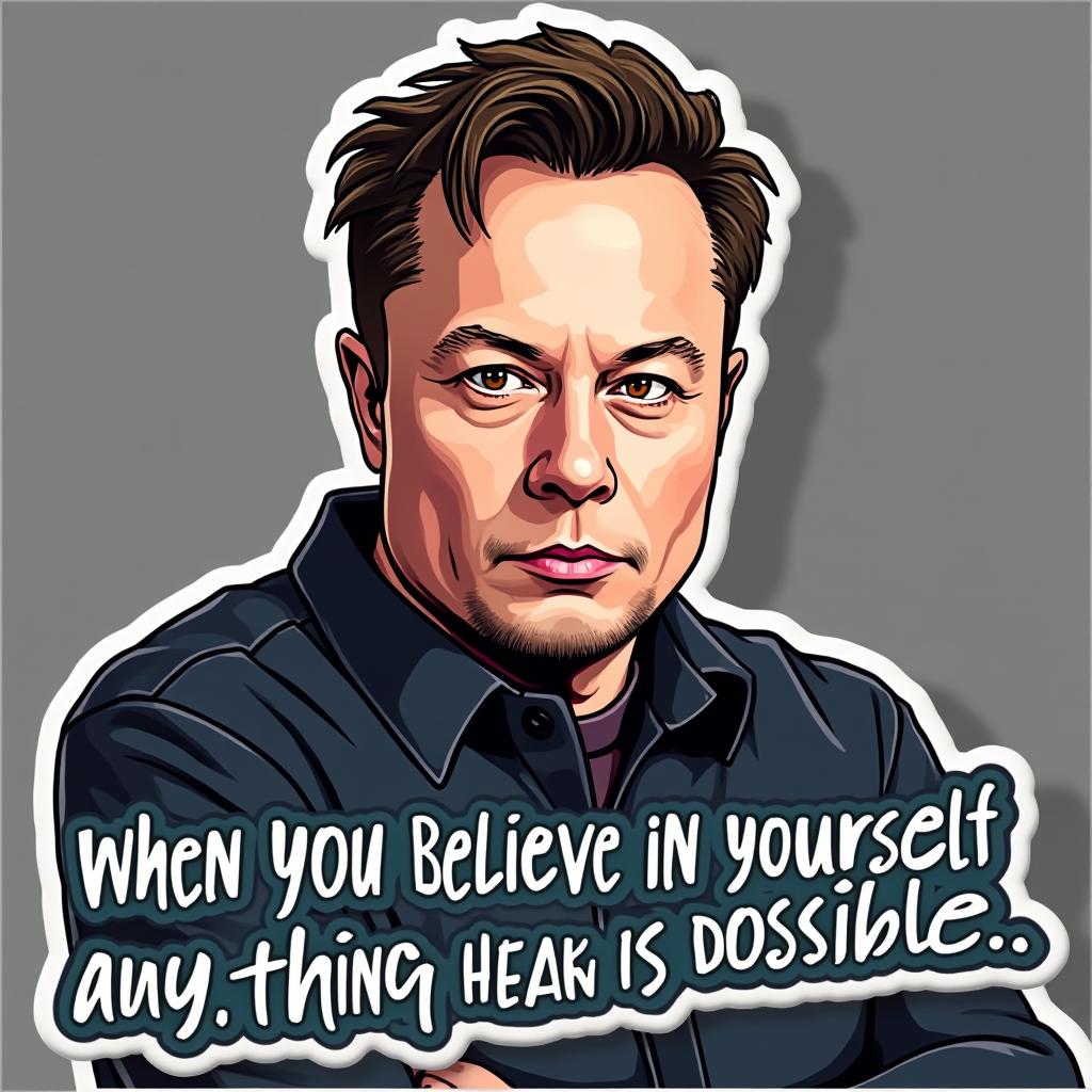 Meme sticker of Elon Musk with serious face and motivational caption