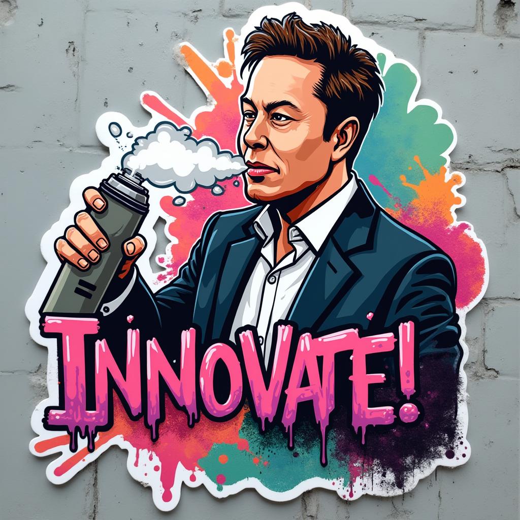 Graffiti sticker of Elon Musk spray painting 'Innovate!' on a wall
