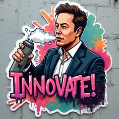 Graffiti sticker of Elon Musk spray painting 'Innovate!' on a wall