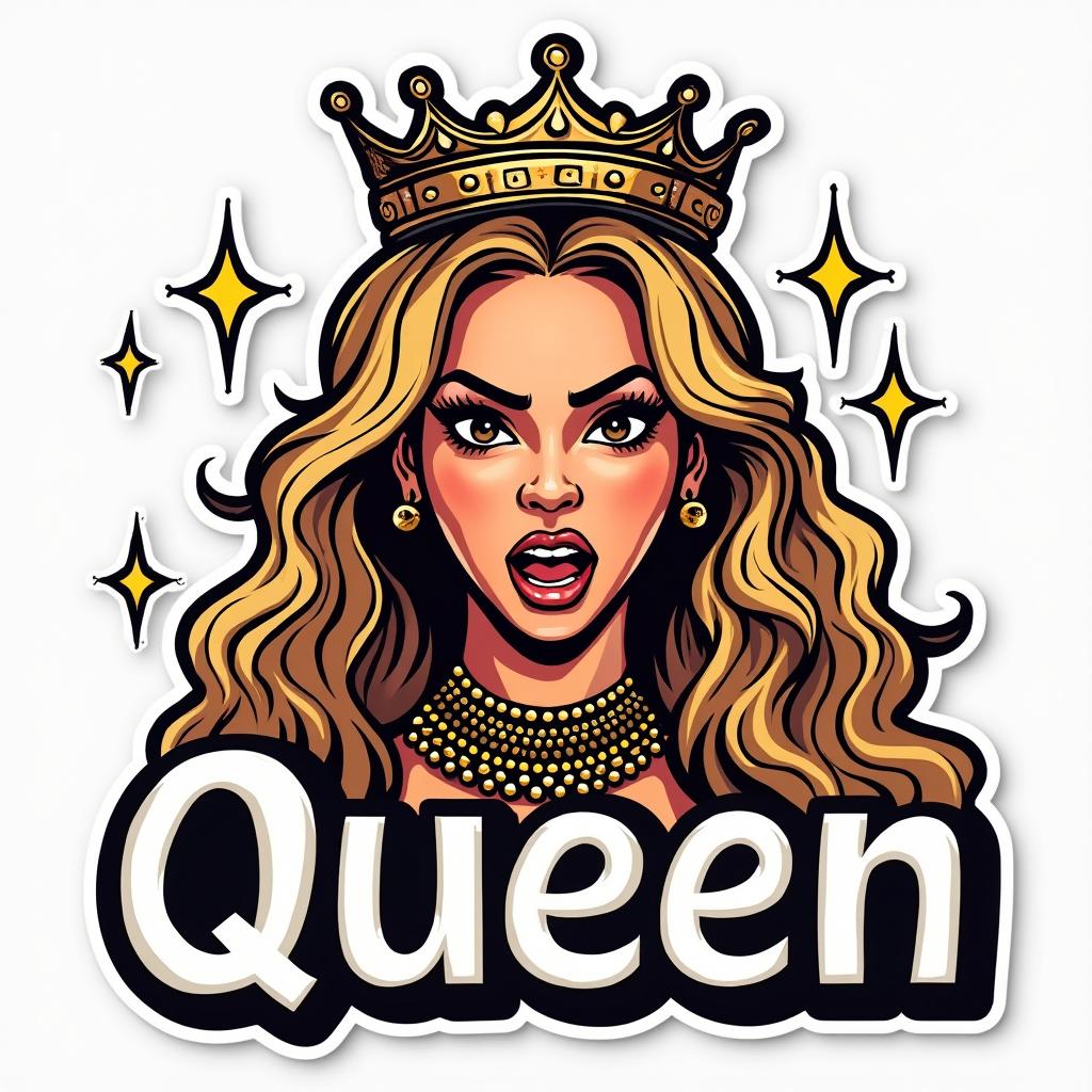 Beyoncé as a queen with a crown and sparkles, labeled 'Queen'