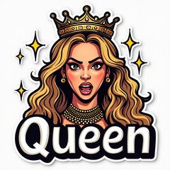 Beyoncé as a queen with a crown and sparkles, labeled 'Queen'