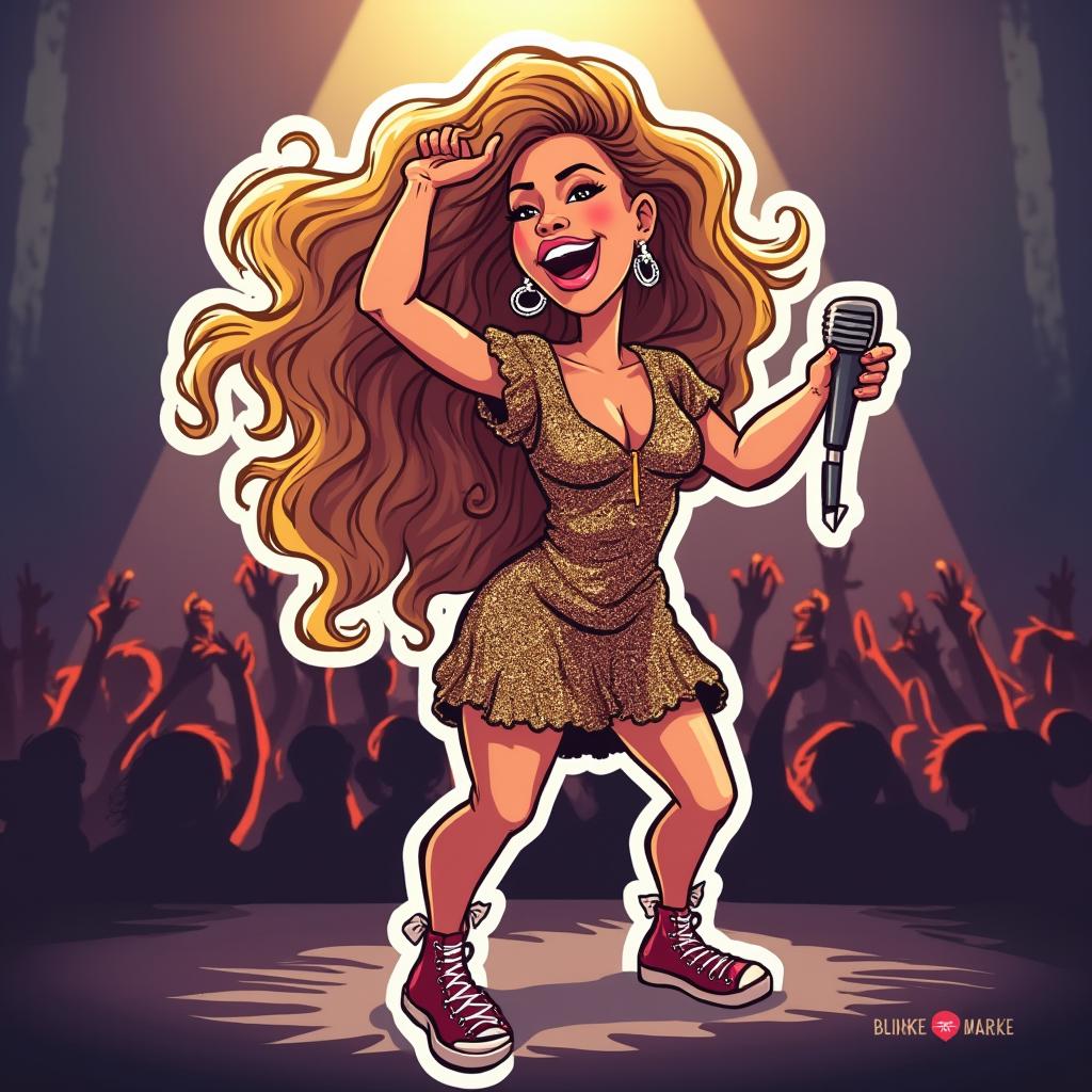 Cartoon Beyoncé performing on stage with a microphone and cheering fans